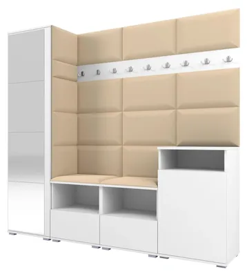 Produktbild von Garderobe NELA X 200 cm Modulare Flurmöbel Weiß mit Spiegel & Sitzpolster Beige 04 (Schrank + Sideboard)