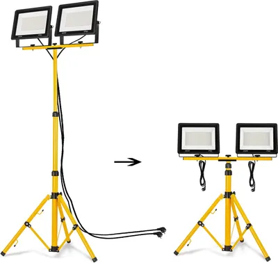 A comparison image showing a tall tripod work light and a shorter tripod work light.