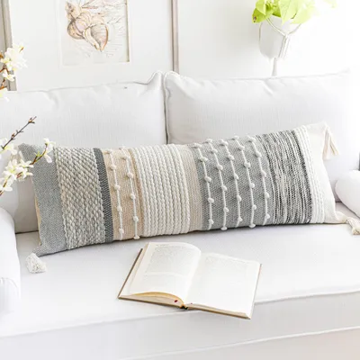 Boho Lumbalkissenbezug 14x36 cm Grau Creme
