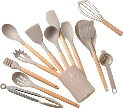 Produktbild von Silikon-Küchengeschirr-Set mit Holzgriffen, hitzebeständig, Pfannenwender, Zange, Spatel, Löffel, Bürste, Schneebesen, antihaftbeschichtete Kochutensilien
