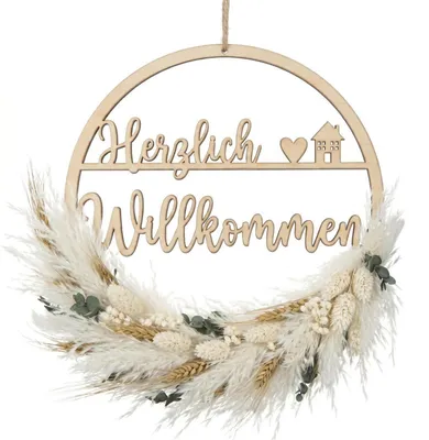 Produktbild von Türkranz Trockenblumen mit "Herzlich Willkommen" Schild, 25 cm Durchmesser
