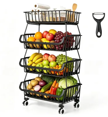 Stapelbarer Rollcontainer für Obst und Gemüse, schwarz, 4 Rollen