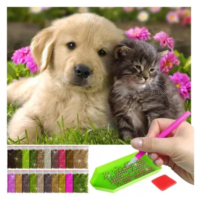 Produktbild von ARTULIO Diamond Painting Set - Kätzchen kuschelt mit Welpen - 30x40 cm - 5D Diamant Painting Bilder DIY, Diamond Painting Erwachsene