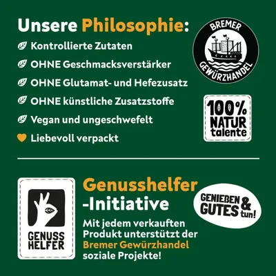 Marketing image detailing product philosophy and social initiative.