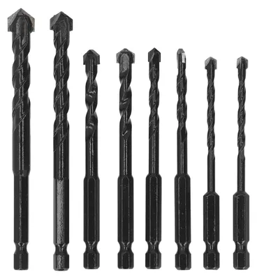 Produktbild von 8-teiliges Steinbohrer-Set aus Hartmetall, 6,35 mm Sechskantschaft, schwarz, Set für Fliesen, Beton