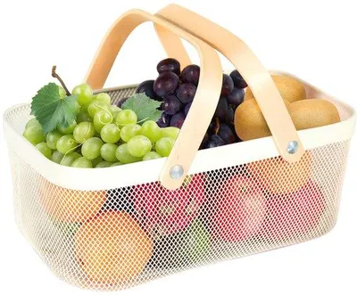 Immagine prodotto di Cestino da giardino, pratico cestino in metallo con manico, ideale per la cucina, il bagno e da appoggiare sugli armadi (bianco).