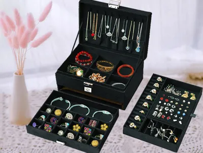 Produktbild von Schmuckkästchen Schmuckkoffer Beauty Case Aufbewahrung, Halsketten, Armbanduhr eleganter Organizer für Schmuck Ordner Schmuckschatulle Schwarz