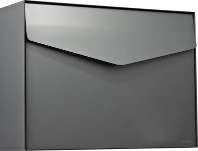 A front view of a gray mailbox.