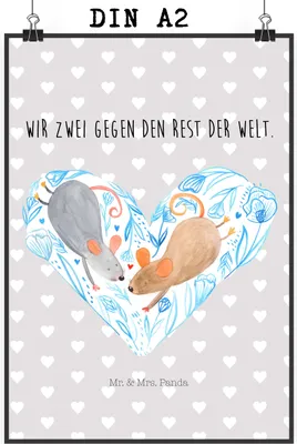 Produktbild von Mr. & Mrs. Panda Bild Mäuse Herz DIN A2 - Grau Pastell - Geschenk, Wandbild, drucke, Maus, Verheiratet, wanddeko, Plakat, Freundin, Wandschmuck, Lieblingsmensch
