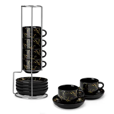 Obrázek produktu pro MALACASA 4dílná sada šálků, porcelánová sada, kávový šálek s podšálkem, kovový stojan, 150 ml, černá