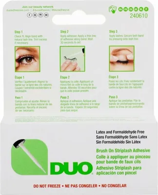 The image shows the back of a product package with instructions on how to apply false eyelashes.