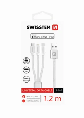 Obrázek produktu pro Swissten Textilní kabel 3 v 1 1,2 m USB kabel USB A USB C/micro-USB B/Lightning Silver