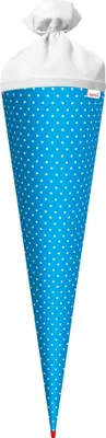Produktbild von Bastel-Schultüte groß pazifikblau - weiße Punkte 70 cm - rund Rot(h)-Spitze und Filzverschluss weiss
