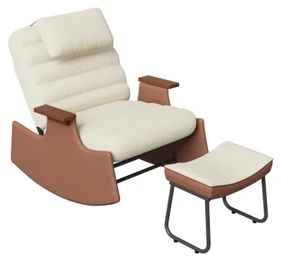 Immagine prodotto di Poltrona a dondolo con poggiapiedi - 3 posizioni - Schienale regolabile - Poggiatesta - Rivestimento in corda - Beige