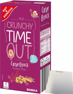 Produktbild von Gut & Günstig Knuspermüsli weniger süß mit 58% Hafervollkornflocken (600g Packung) + usy Block