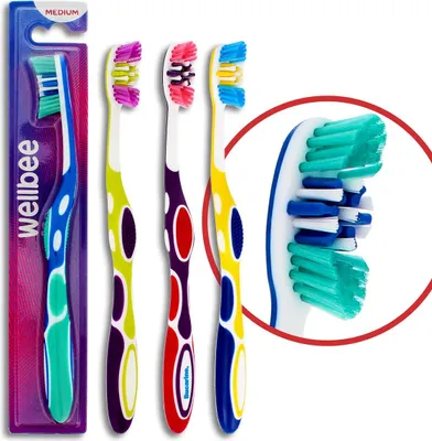 Immagine prodotto di WELLBEE Spazzolino da denti medio per adulti (confezione blister da 5 pezzi) - Colori assortiti 1 pezzo