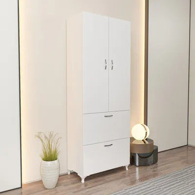 A white wardrobe with two doors and two drawers is shown in a room with soft lighting.