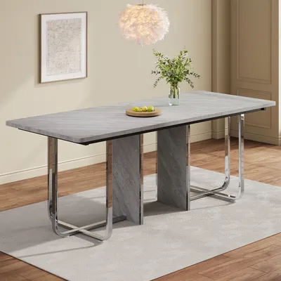 Image de MODFU Table À Manger Moderne Avec Plateau MDF Et Pieds Argentés, 180 x 80 x 75 cm - Gris