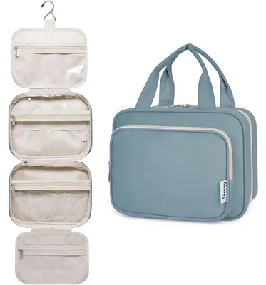 Produktbild von Kulturtasche zum Aufhängen, Waschtasche groß, Kosmetiktasche mit mehreren Fächern, Graublau, Medium