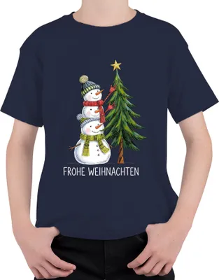 Produktbild von Frohe Weihnachten Schneemänner Weihnachtsbaum Niedlich Kinder Uni Kinder T-Shirt, Navy, 140