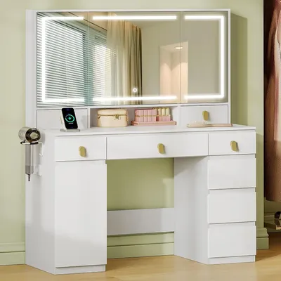 Obrázok produktu pre Kozmetický stolík so zrkadlom – s úložným priestorom – s možnosťou aplikácie make-up – s nastaviteľným LED osvetlením – 108 x 140 cm – biely