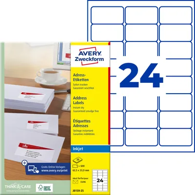 Produktbild von Avery Zweckform J8159-25, Adress-Etiketten, A4, 63,5 x 33,9 mm, 600 Etiketten / 25 Bögen, weiß