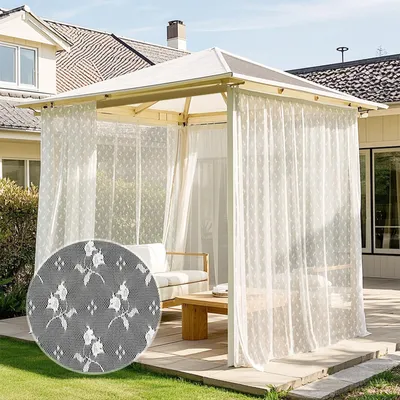 Immagine prodotto di Set da 2 tende da esterno in voile con motivo floreale, passanti per l'asta, zanzariera, protezione contro gli insetti, L157xA215 cm, bianco