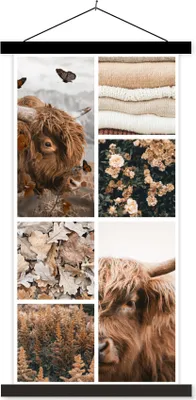 Produktbild von MuchoWow® Textilposter Schottisches Hochlandrind - Collage - Blumen 60x120 cm mit schwarzem Rahmen - Magnete