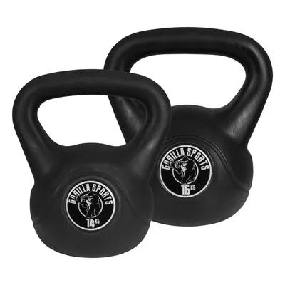Obrázek produktu pro Sada kettlebellů GORILLA SPORTS® – 30 kg (14 kg + 16 kg), z plastu – kettlebell, houpací činka, kuličková činka