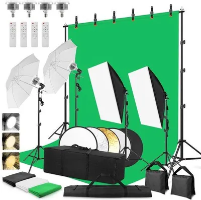 Image de Kit d'éclairage de studio complet Unyqoos® 85W LED (2700–6400 K) – 2 boîtes à lumière, 2 parapluies de 84 cm, 1 réflecteur 5-en-1 de 60 cm, système de fond de 2,6 x 3 m, studio photo portable