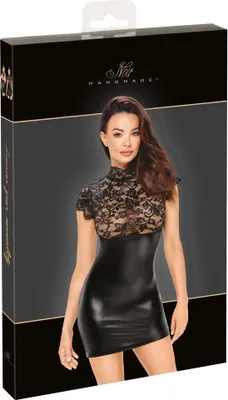 Produktbild von Kurzes enges Kleid Libido Exclusive Schwarz mit kurzem Arm, Stehkragen, Spitze, Powerwetlook und Rückenschnürung