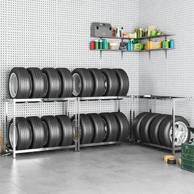 Imagen del producto de Estanterías para neumáticos con 2 niveles, juego de 3 unidades, fabricadas en acero galvanizado, dimensiones 110x40x110 cm. Estanterías robustas para soportar cargas pesadas, ideales para talleres, garajes y almacenes. Resistentes, con altura ajustable y montaje sencillo