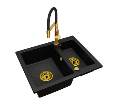 Produktbild von Granitspüle YOGI 1,5 Becken mit Küchenarmatur Gold und Siphon