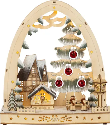 Produktbild von HGD LED-Lichterbogen - Winterdorf mit Tanne - mit 12 LED und 4 Glaskugeln - Weihnachtliche Dekoration aus Holz