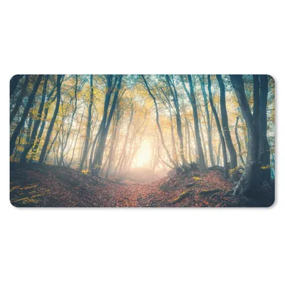 Produktbild von MuchoWow® Schreibtischunterlage Wald - Nebel - Sonne - Herbst 80x40 cm - XXL Mauspad - Gaming Mauspad