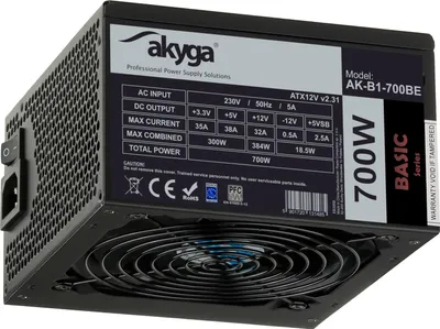 A computer power supply unit shown from a three-quarter angle.