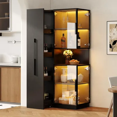 Produktbild von Vitrinenschrank 70x38x160cm Doppelglas-Standvitrine LED Ausziehregal Glasvitrine Schwarz