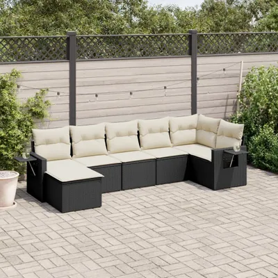 Produktbild von Design 7-tlg. Garten-Sofagarnitur mit Kissen Schwarz Poly Rattan, Gartenmöbel-Sets 2024 Neu