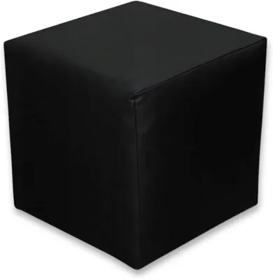 A black cube-shaped ottoman or footstool is shown from a slightly elevated diagonal angle.