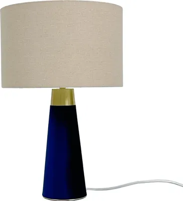 Produktbild von Relaxdays Tischlampe, Leinenschirm & Samtfuß, E27, HxD: 47 x 40 cm, Nachttischlampe mit Kabel, Schlafzimmer, beige/blau