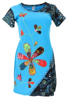 Produktbild von Hippie Minikleid Boho Chic, Besticktes Shirtkleid - Blau, Damen, Baumwolle, Größe: L