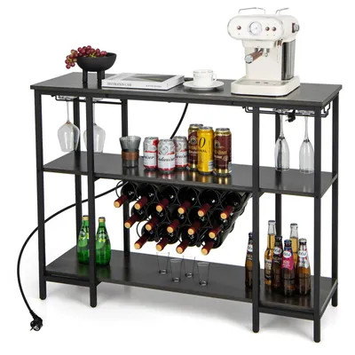 A multi-tiered bar cabinet with wine racks, glass holders, and shelves, stocked with bottles, cans, and glasses.