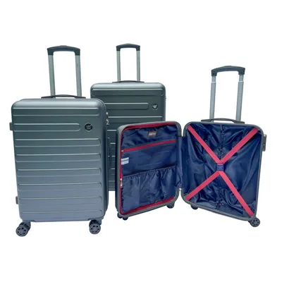 Three suitcases of varying sizes are displayed against a white background. One suitcase is closed and in the foreground, while another is closed and in the midground. The third suitcase is open, revealing its interior, and is positioned to the right of the