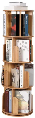 Image de Étagère tournante pour livres - Étagère d'angle à 4 niveaux - Bibliothèque en bois rotative à 360° - Étagère d'angle étroite - Rangement pour salon et chambre - Couleur bois