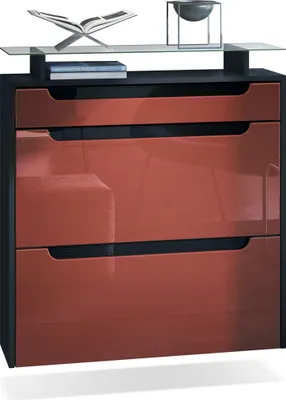 Produktbild von Vladon Schuhschrank Annie, Schuhkipper für 16 Paar Schuhe mit 2 Klappen, 1 Schublade und Glasablage, Schwarz matt/Bordeaux Hochglanz/Schwarz Hochglanz (89 x 96 x 23 cm)