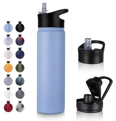 Produktbild von Edelstahl Trinkflasche 750ml mit 2 Deckeln, BPA frei, auslaufsicher, kohlensäuregeeignet, doppelwandig isoliert, blau