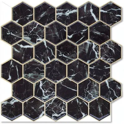 Immagine prodotto di 24Supply Adesivi per piastrelle, autoadesivi – 10 pezzi – Finitura lucida – Marmo nero e oro – Esagonali – 30,5 x 30,5 cm