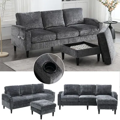 Immagine prodotto di Divano a 4 posti con poggiapiedi, dimensioni 196,5x75x77 cm, divano grigio in tessuto chenille con spazio contenitore nel poggiapiedi, portabicchieri e tasche laterali, ideale per il soggiorno