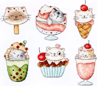 Produktbild von Letistitch Kreuzstich Stickpackung "Sommerkatzen Set 6 Stk.", Zählmuster, 7x10cm