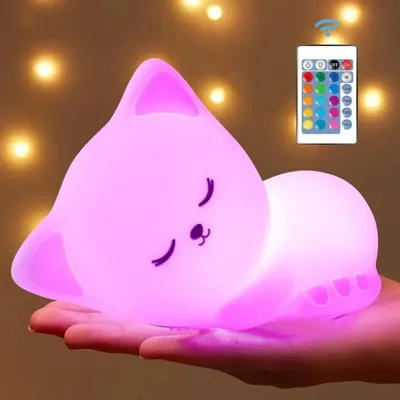 Produktbild von LED Nachtlicht, 16 Farben 5 Helligkeit dimmbar süßes Schlaflicht, Kinderzimmer tragbare Schlafhilfe Still-licht, USB-Aufladung, Fernbedienung (Katze)